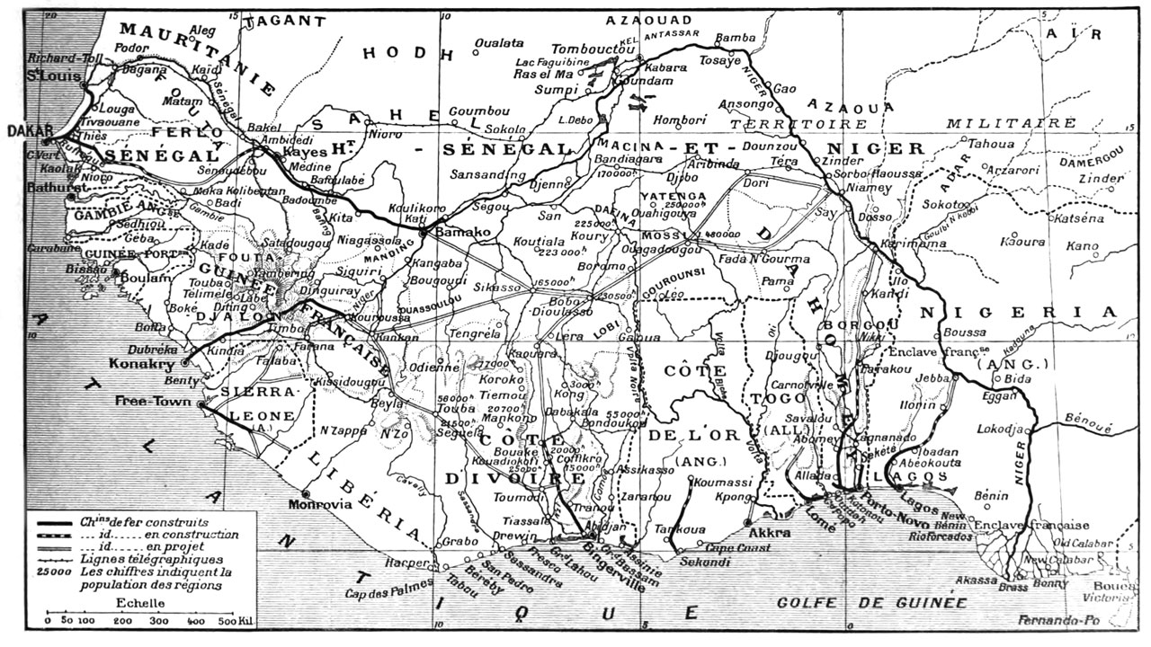 Carte des chemins de fer français en Afrique occidentale