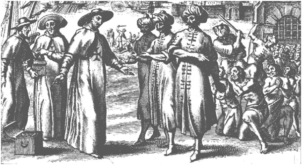 Pères de l’Ordre des Trinitaires négociant le rachat d’esclaves français à Alger au début du XVIIe siècle.